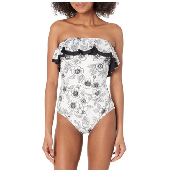 TOMMY HILFIGER Blossom White Black Ruffle Neckline One Piece Swimsuit Size 4 - Picture 1 of 16